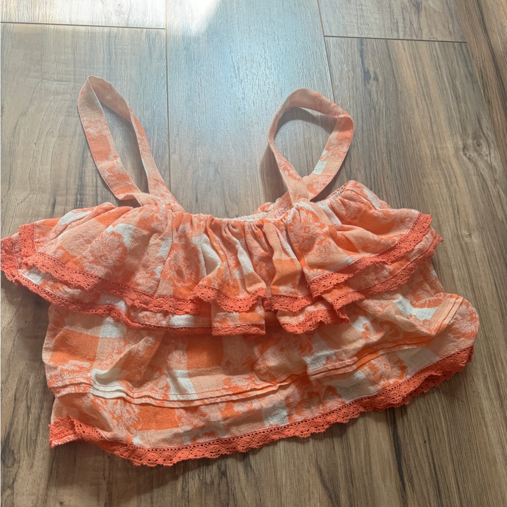 Olivaceous Orange and White Ruffled Crop Top